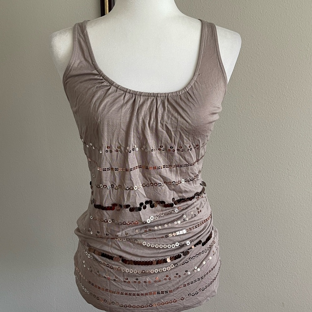 Sequin Embellished Tan Sleeveless Top Size S